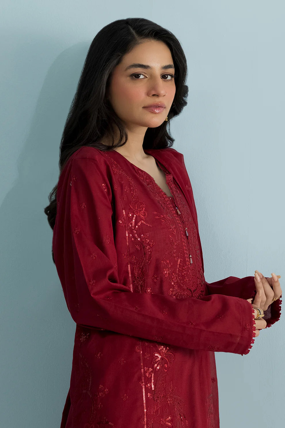 Embroidered Cross Slub 3-Piece Suit – Maroon