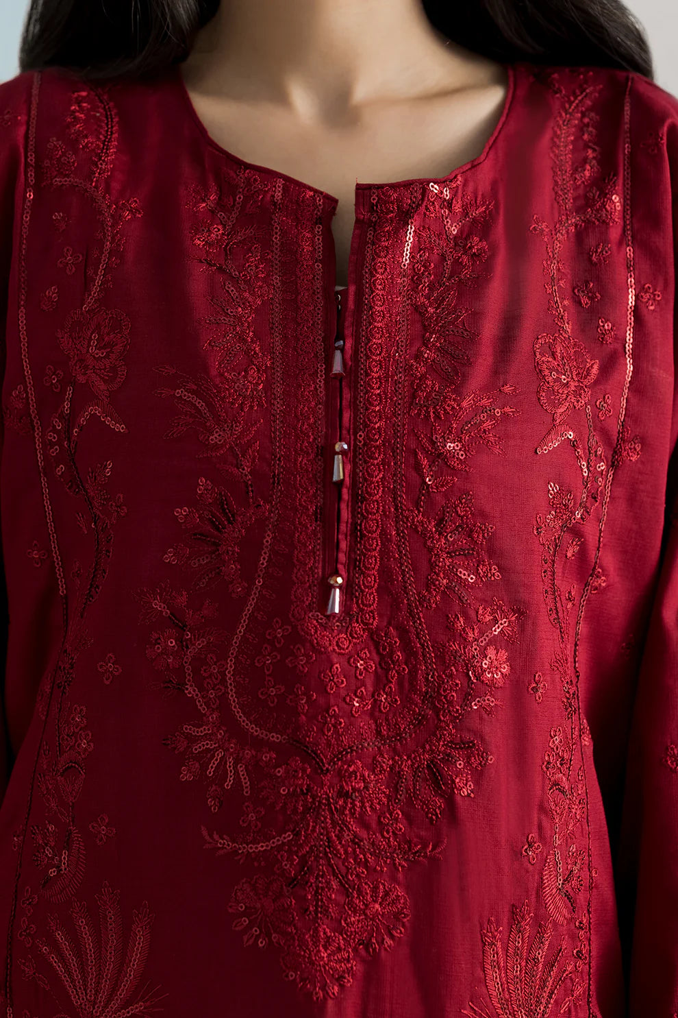 Embroidered Cross Slub 3-Piece Suit – Maroon