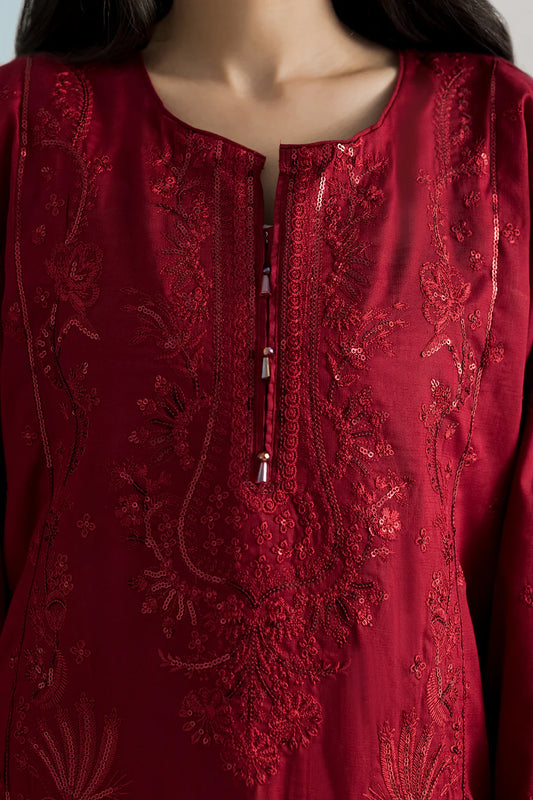 Embroidered Cross Slub 3-Piece Suit – Maroon