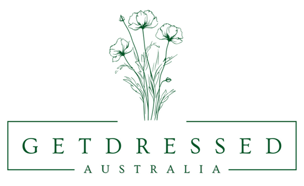 Logo for 'Get Dressed Australia' with floral design on a white background