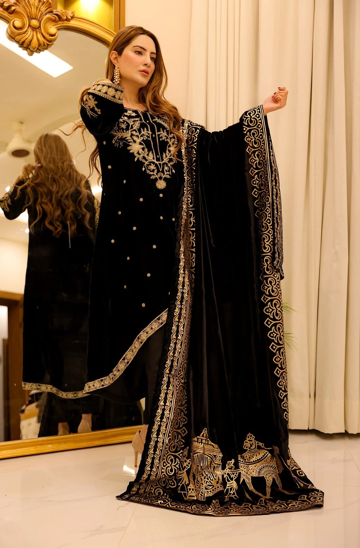Afreen - Embroidered Velvet Suit - 2pc