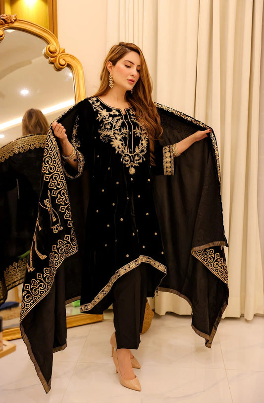 Afreen - Embroidered Velvet Suit - 2pc