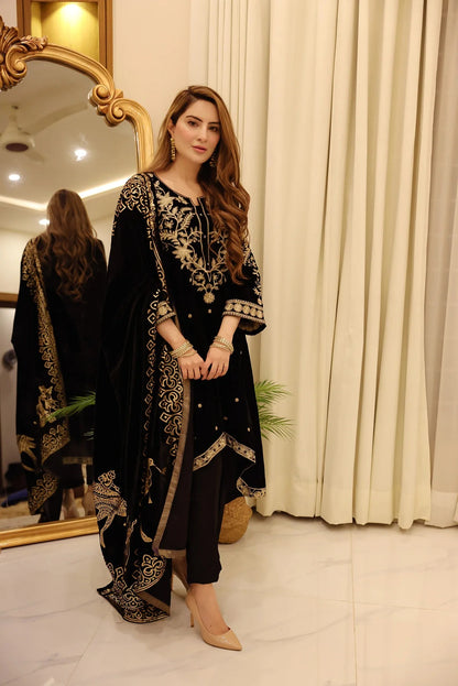 Afreen - Embroidered Velvet Suit - 2pc