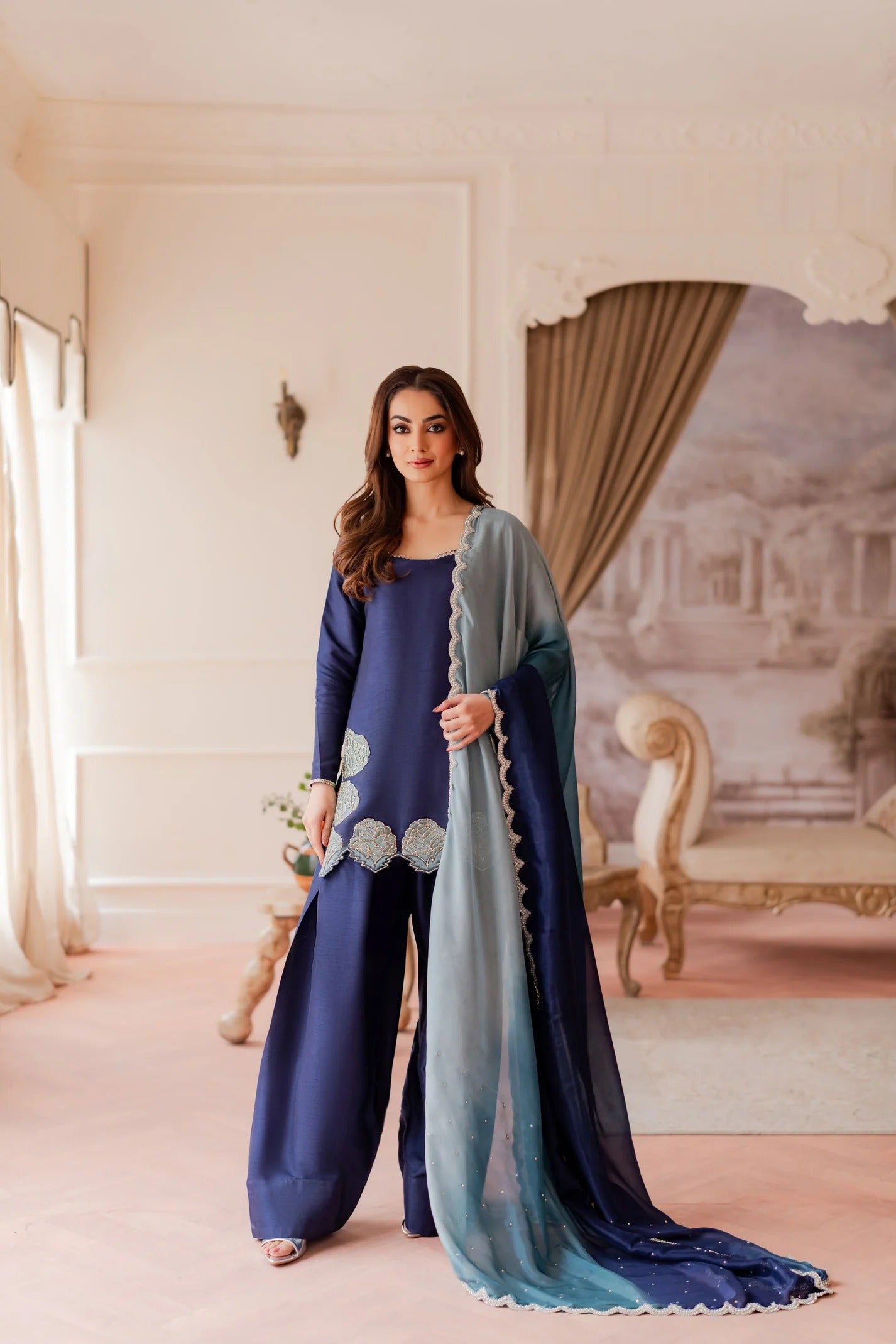 Embroidered Luxury Farshi Set - Aqua