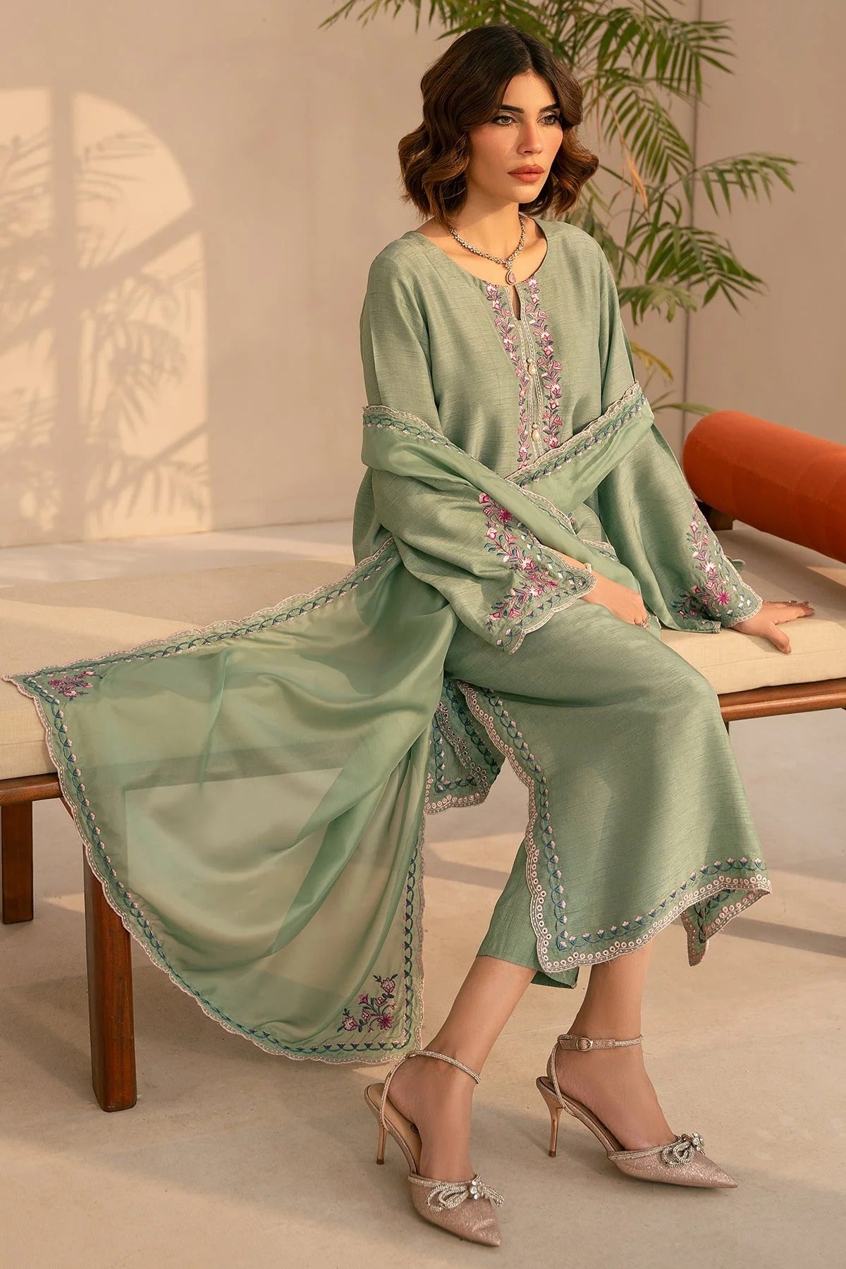 Embroidered Mint Green Silk Suit - Anya