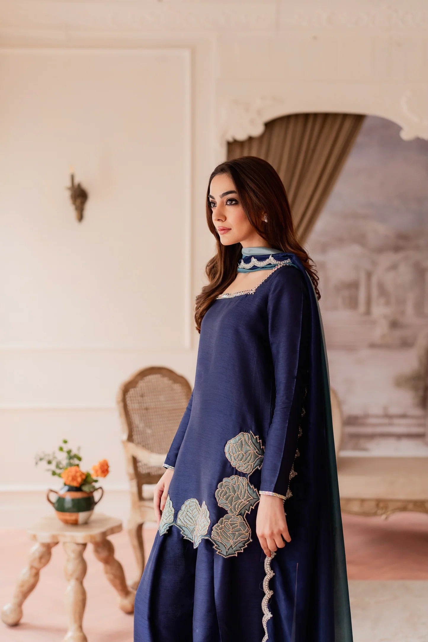 Embroidered Luxury Farshi Set - Aqua