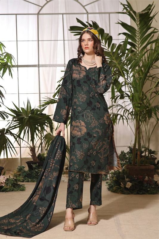 Floral Printed Dhanak Suit - Charcoal