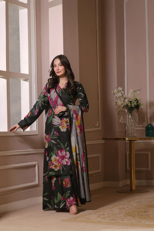 Floral Lawn Suit - Black