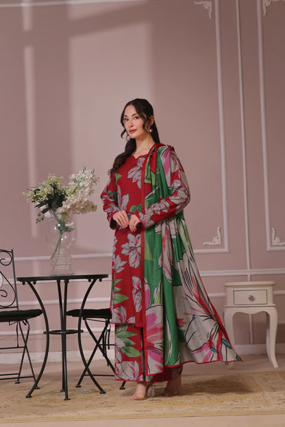 Floral Printed Dhanak - 3 Piece