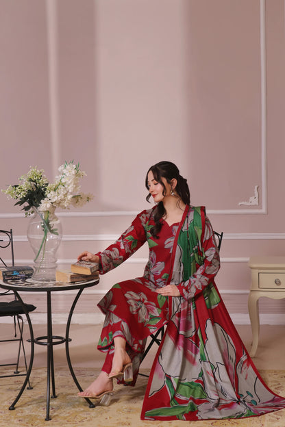 Floral Printed Dhanak - 3 Piece