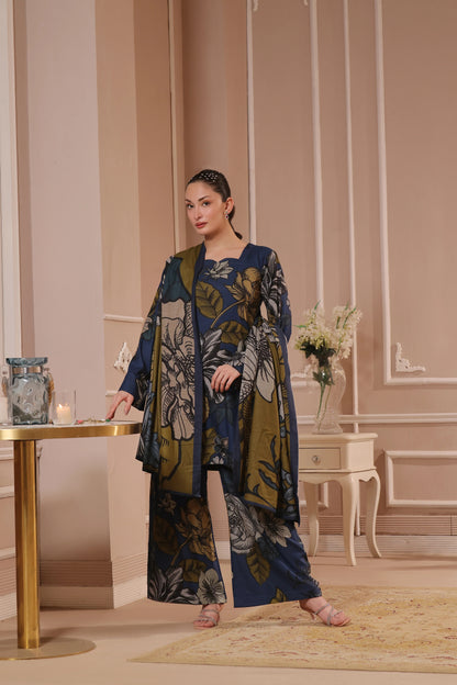 Printed Dhanak Suit 3pc - Navy