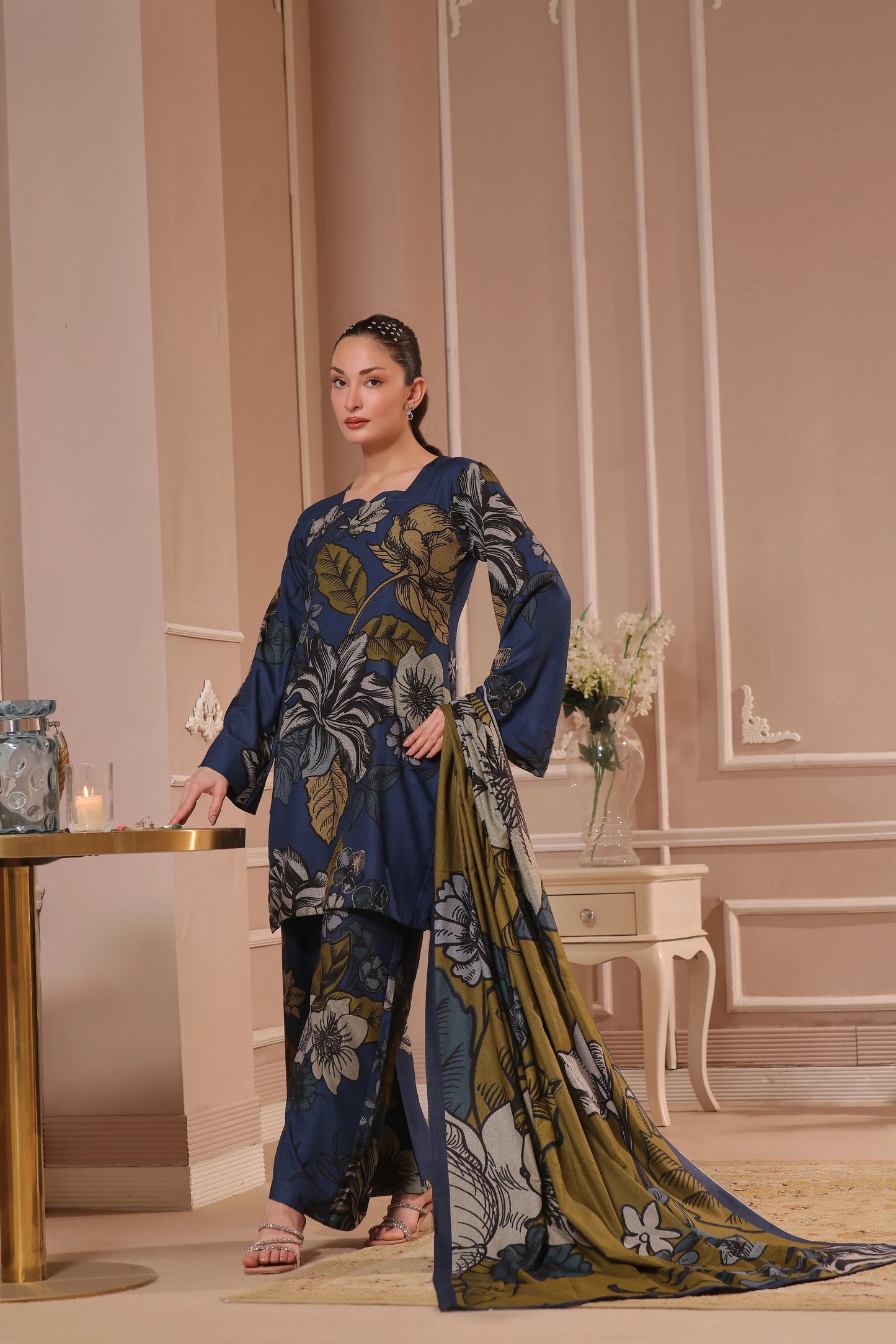 Printed Dhanak Suit 3pc - Navy