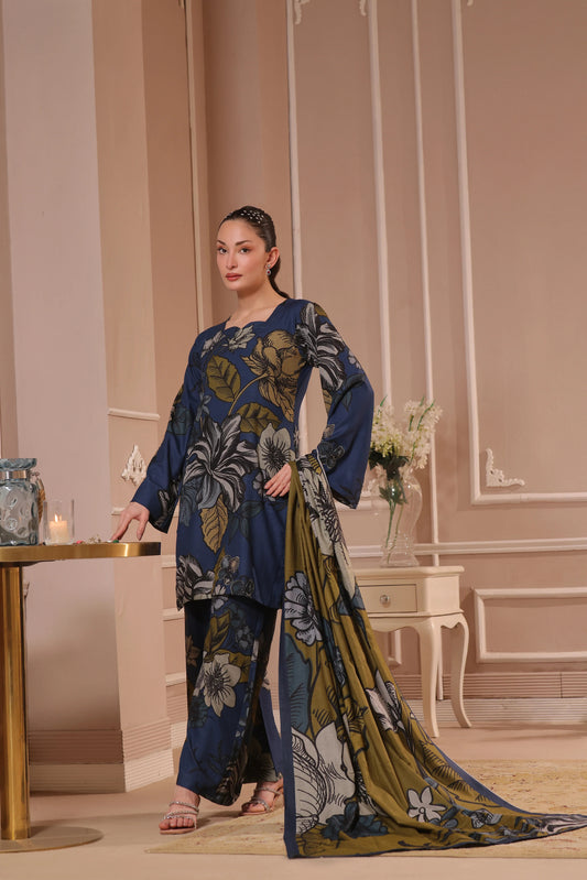 Printed Dhanak Suit 3pc - Navy
