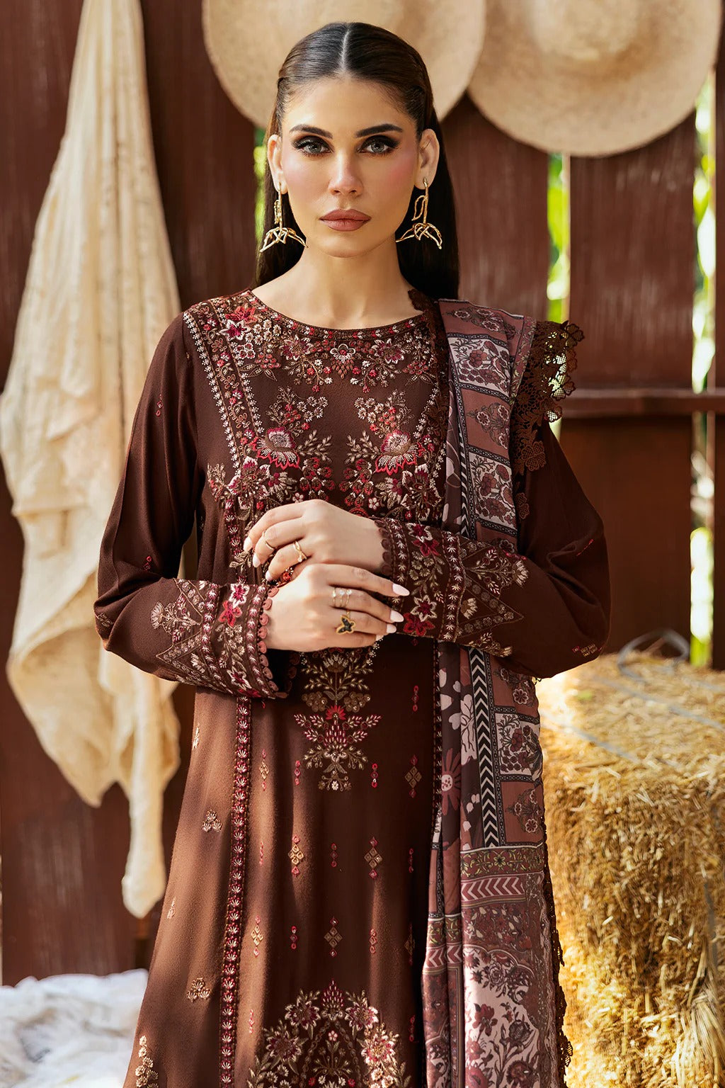 Embroidered Karandi Winter Suit - Brown