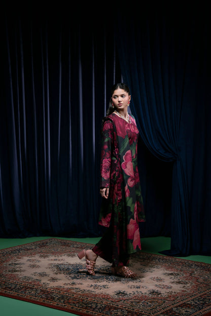 Floral Printed Dhanak Suit - Black