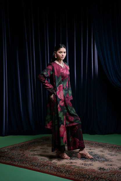 Floral Printed Dhanak Suit - Black