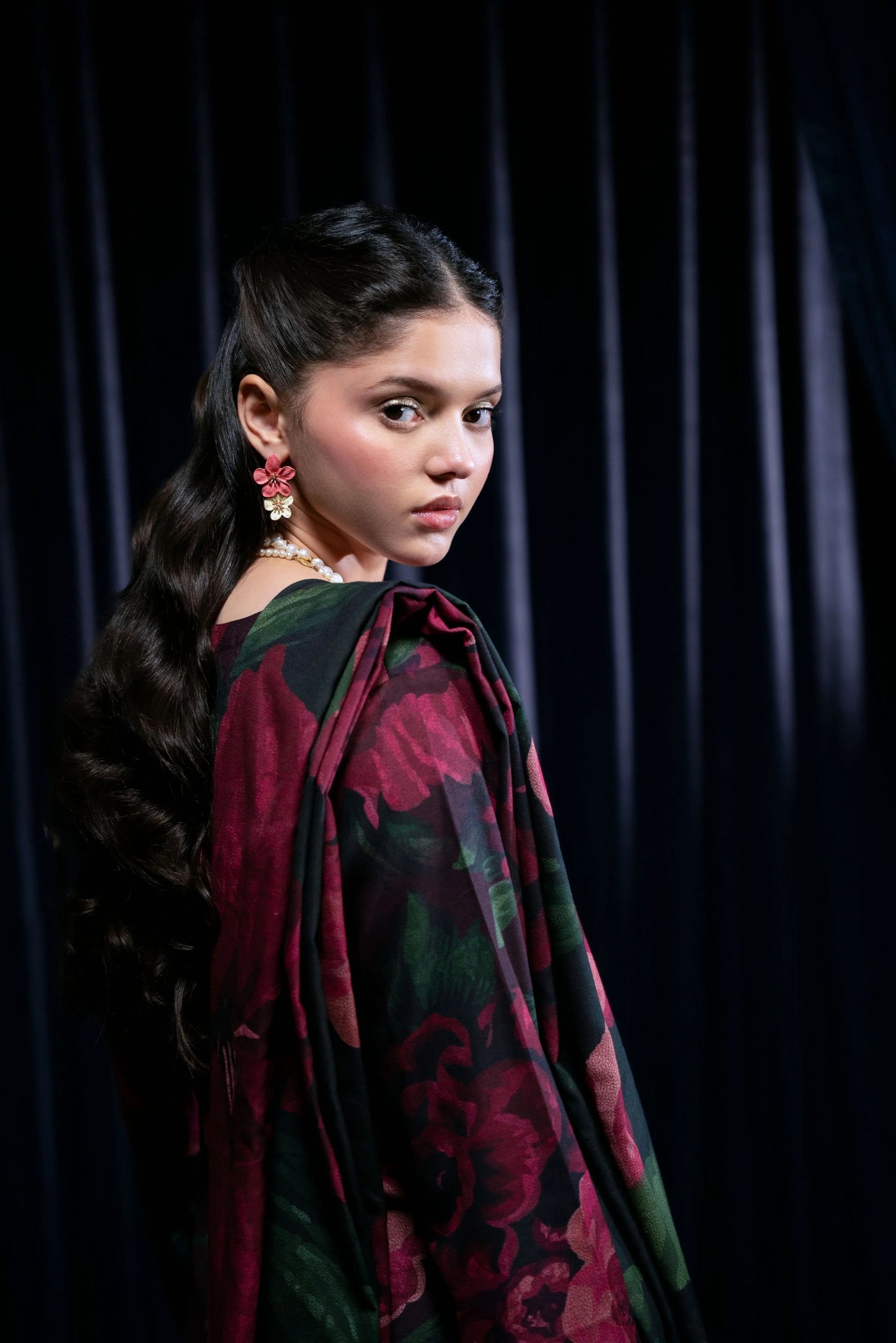 Floral Printed Dhanak Suit - Black