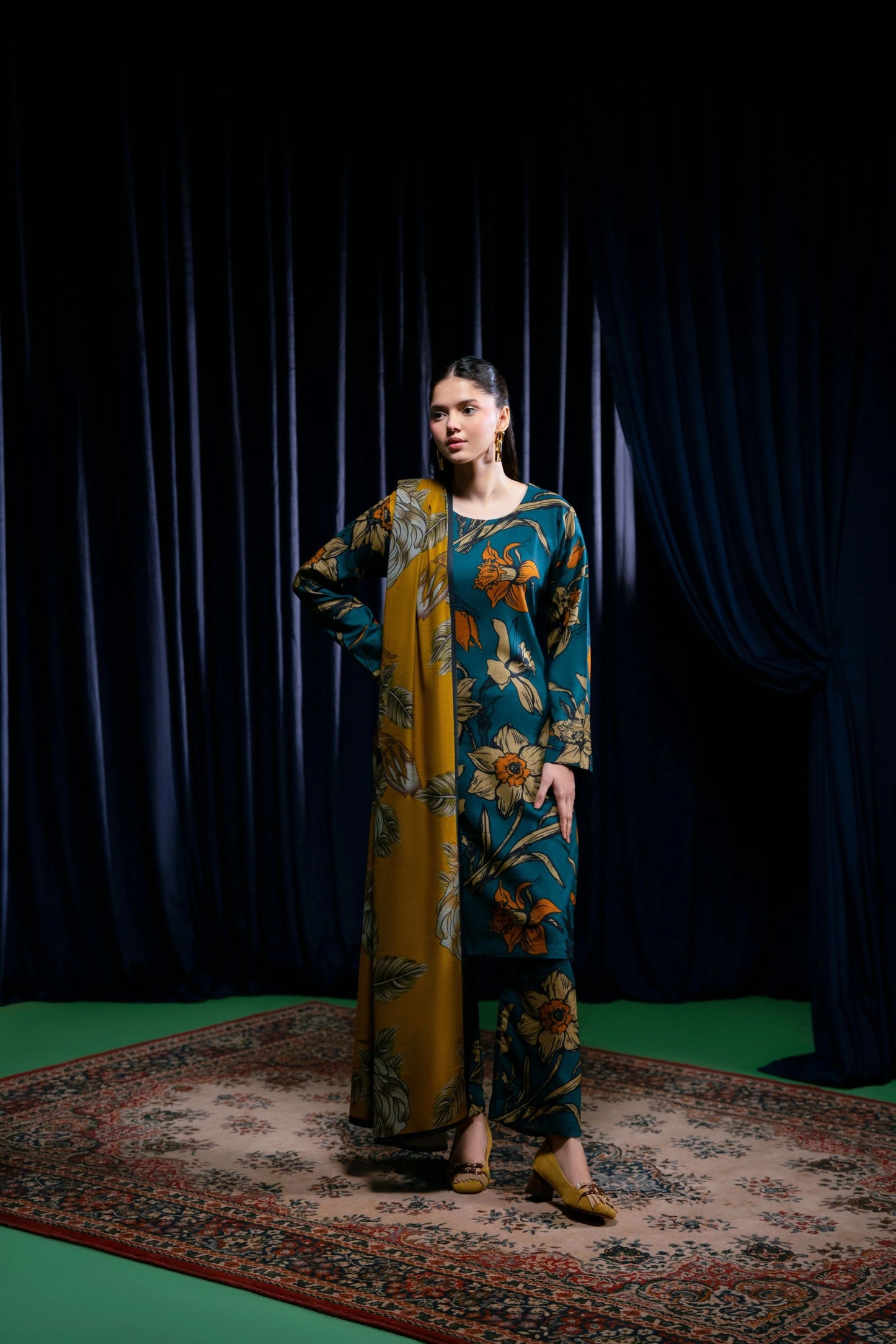 Floral Printed Dhanak Suit - Teal Blue