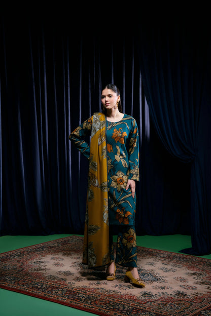 Floral Printed Dhanak Suit - Teal Blue