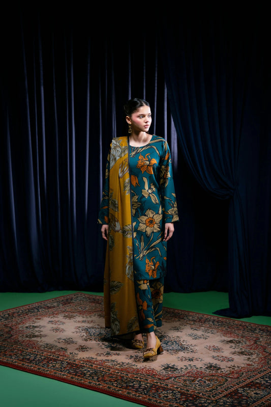 Floral Printed Dhanak Suit - Teal Blue