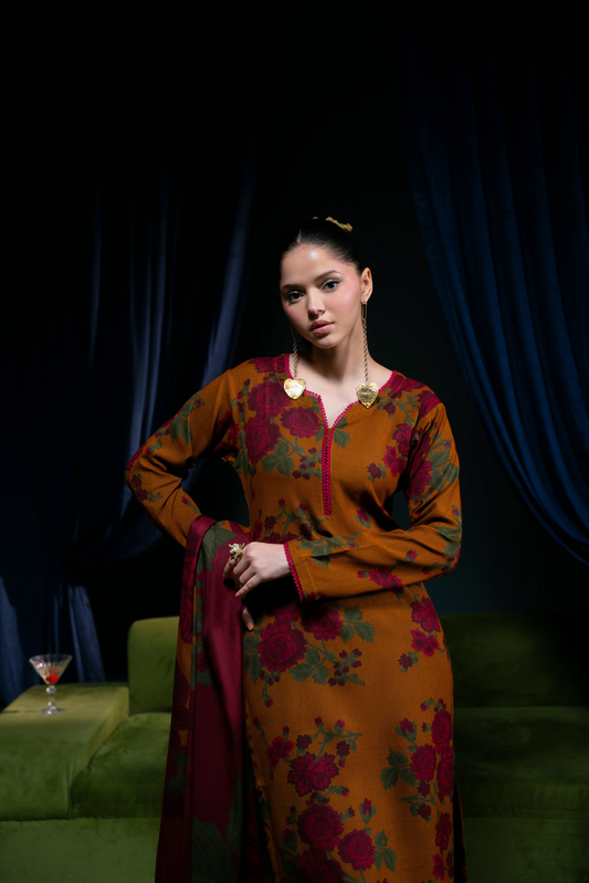Digital Printed Dhanak Suit - Mustard