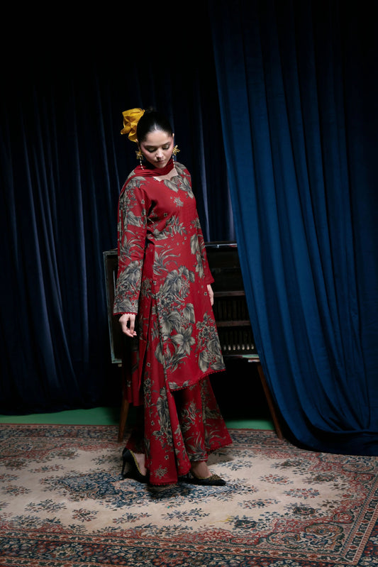 Digital Printed Dhanak Suit - Red