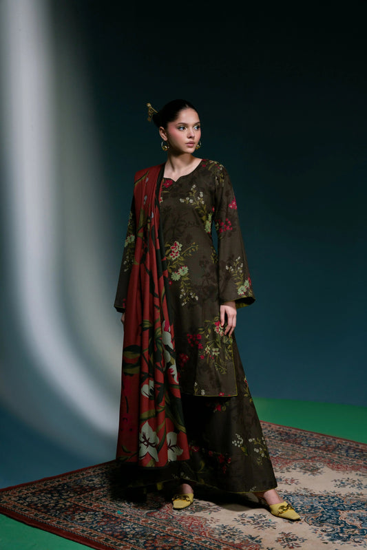 Digital Printed Dhanak Suit - Dark Olive