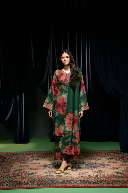 Floral Printed Dhanak Suit - Bottle Green