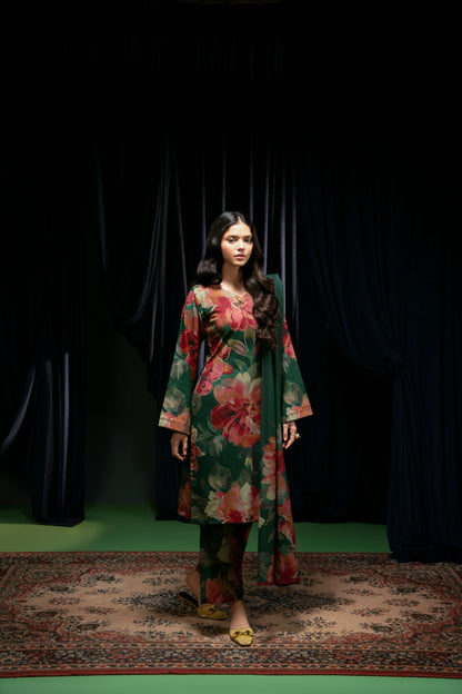 Floral Printed Dhanak Suit - Bottle Green