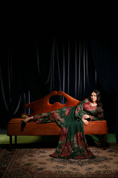 Floral Printed Dhanak Suit - Bottle Green