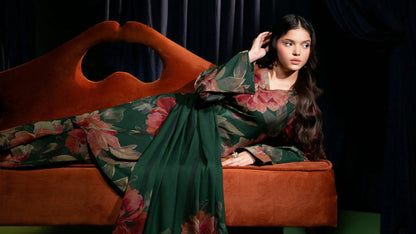 Floral Printed Dhanak Suit - Bottle Green