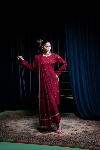 Floral Printed Dhanak Suit - Red