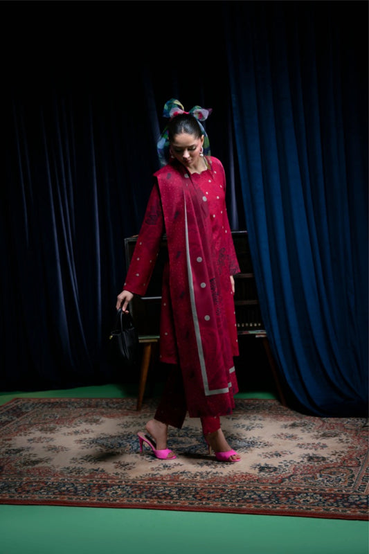 Floral Printed Dhanak Suit - Red