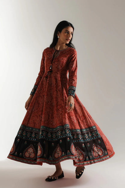 Crimson Folk Anarkali Pishwas – Brick Red