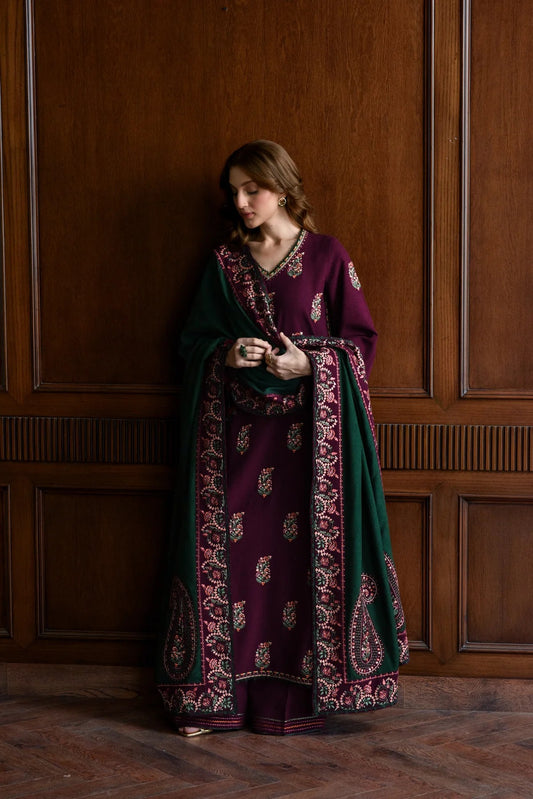 Luxury Embroidered Karandi Set - Deep Plum