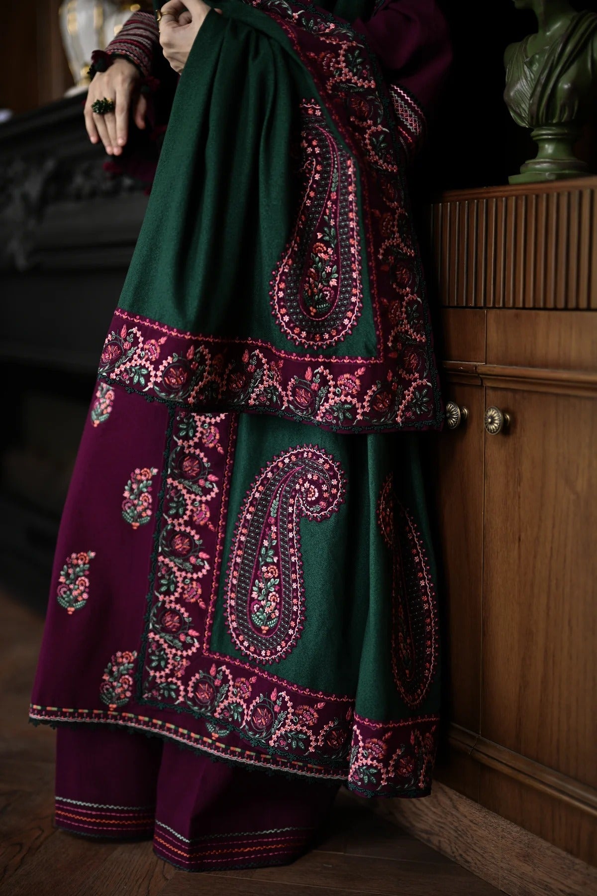 Luxury Embroidered Karandi Set - Deep Plum