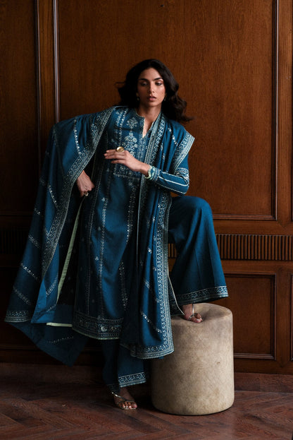 Luxury Embroidered Karandi Set - Teal Blue