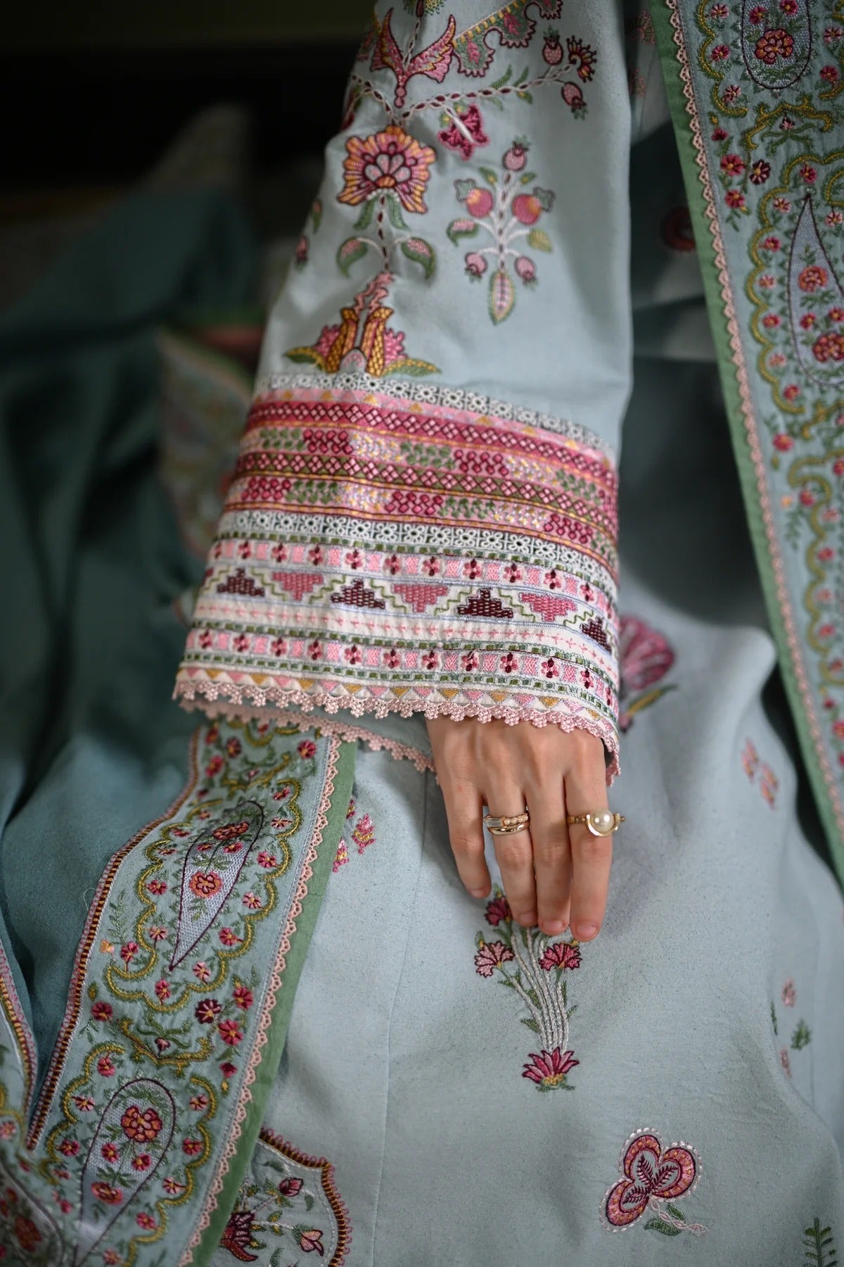 Luxury Embroidered Karandi Set - Ice Blue