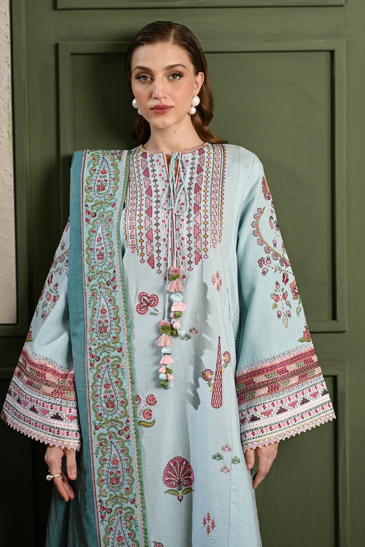 Luxury Embroidered Karandi Set - Ice Blue