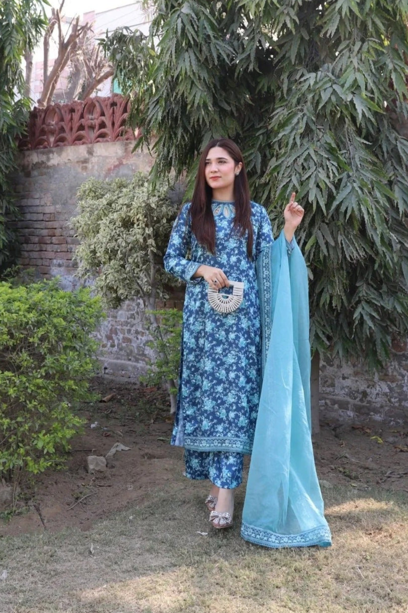 Embroidered 3PC Suit - Waves