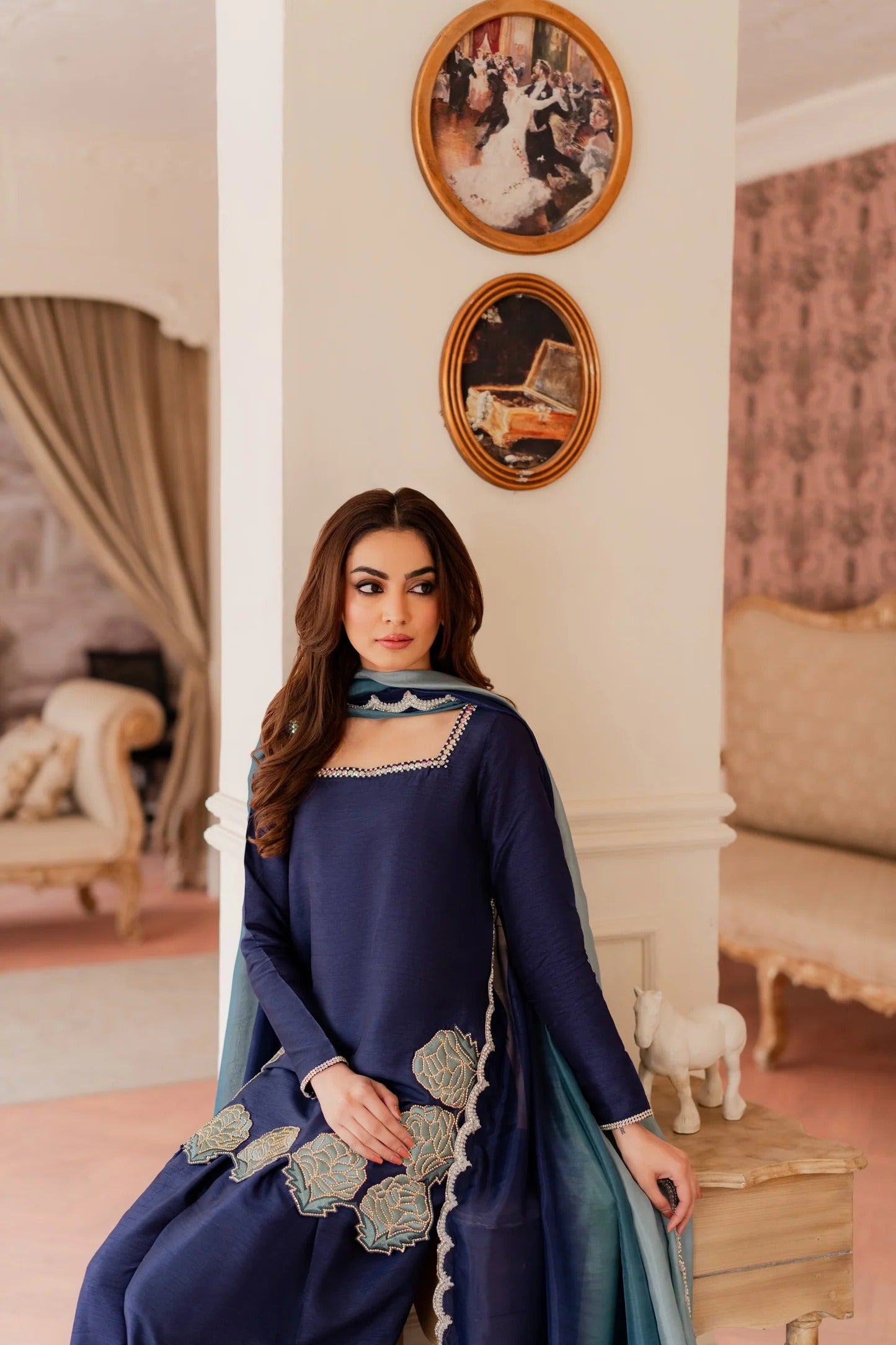 Embroidered Luxury Farshi Set - Aqua
