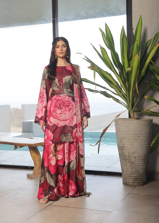 Red Floral Dhanak Suit