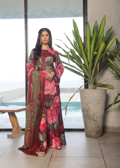 Red Floral Dhanak Suit