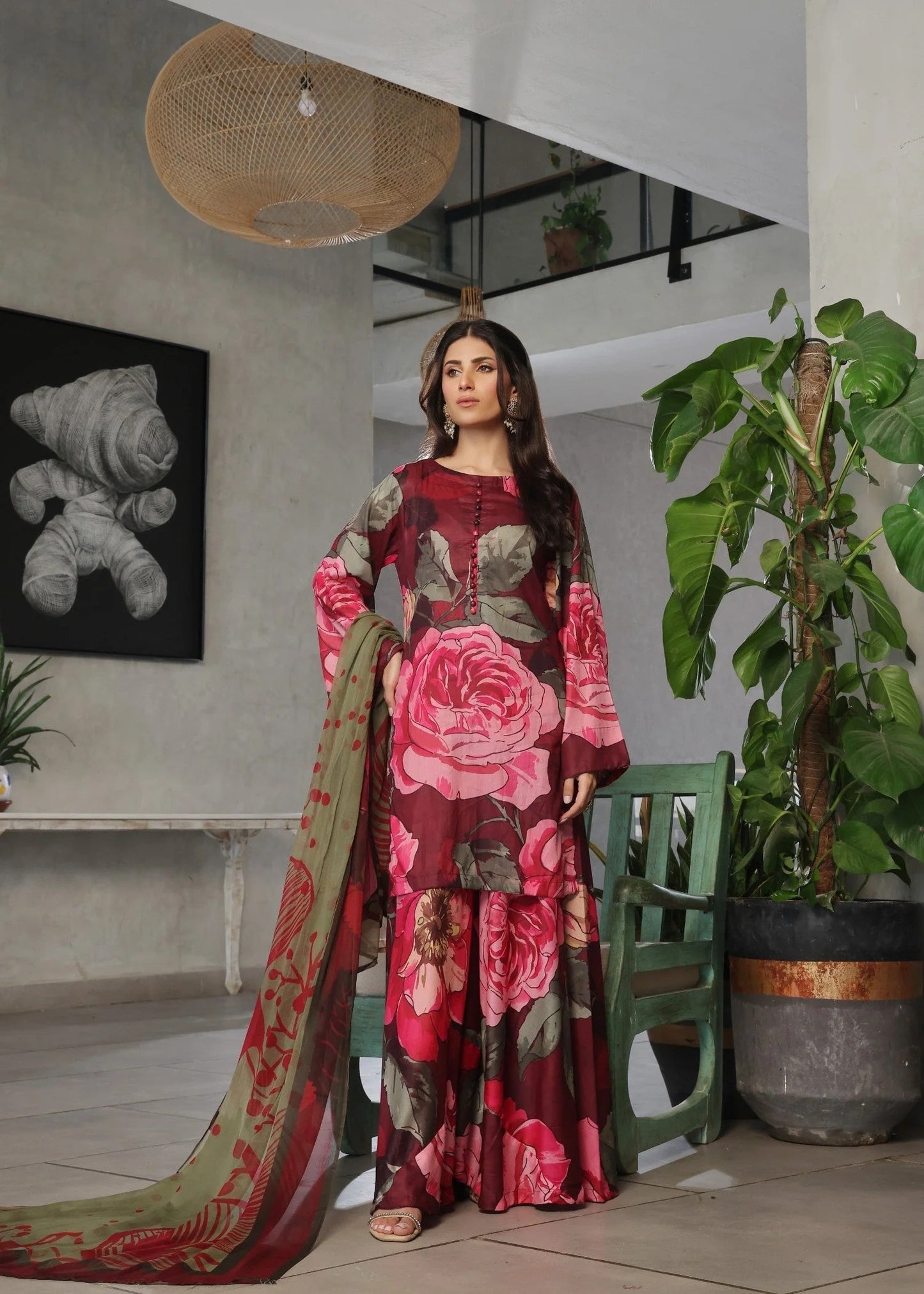 Red Floral Dhanak Suit