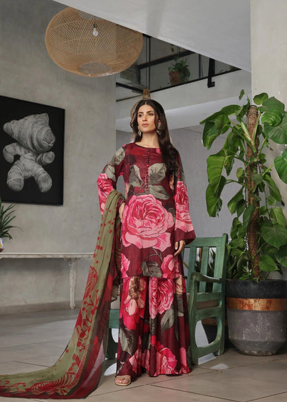 Red Floral Dhanak Suit