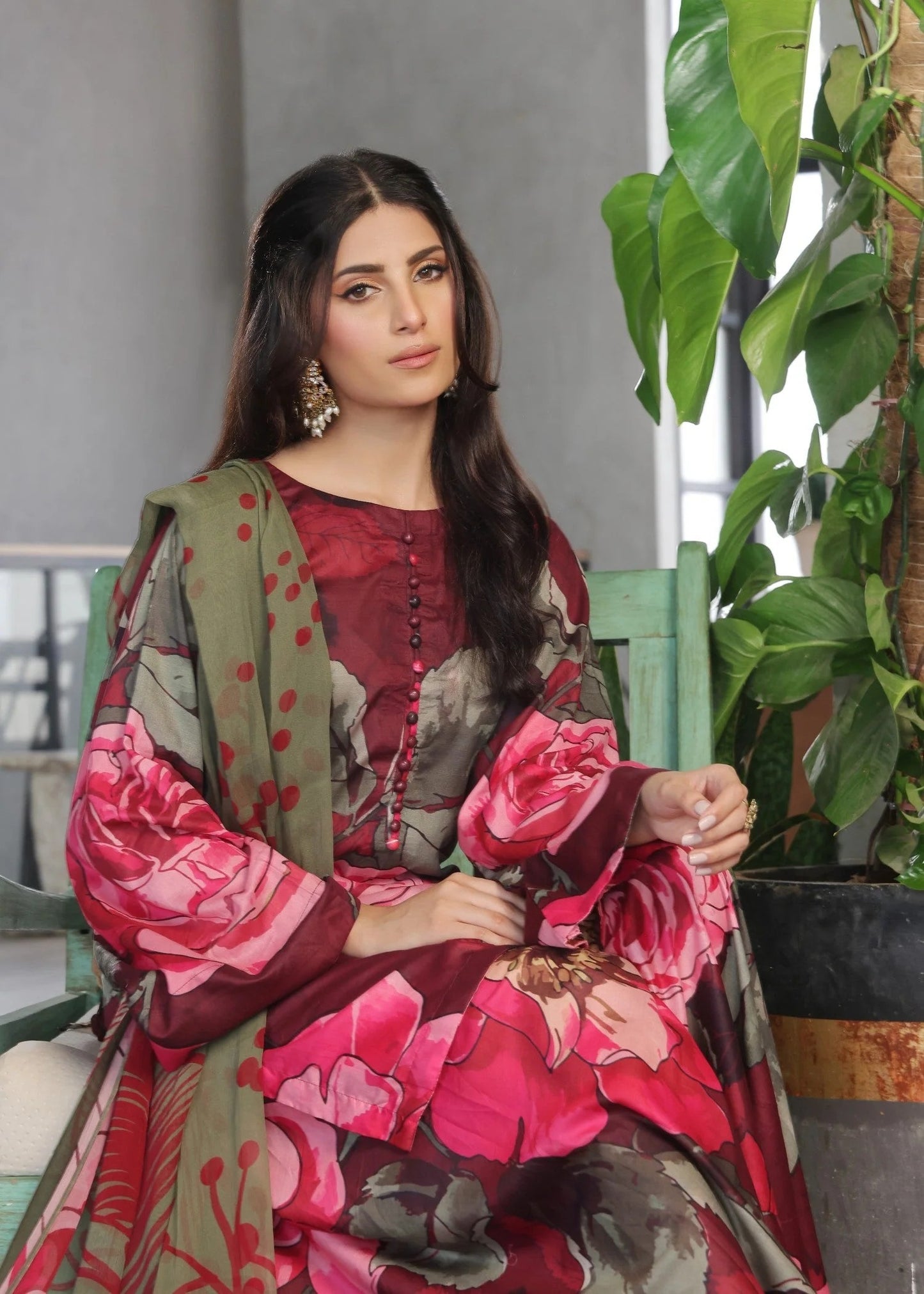 Red Floral Dhanak Suit