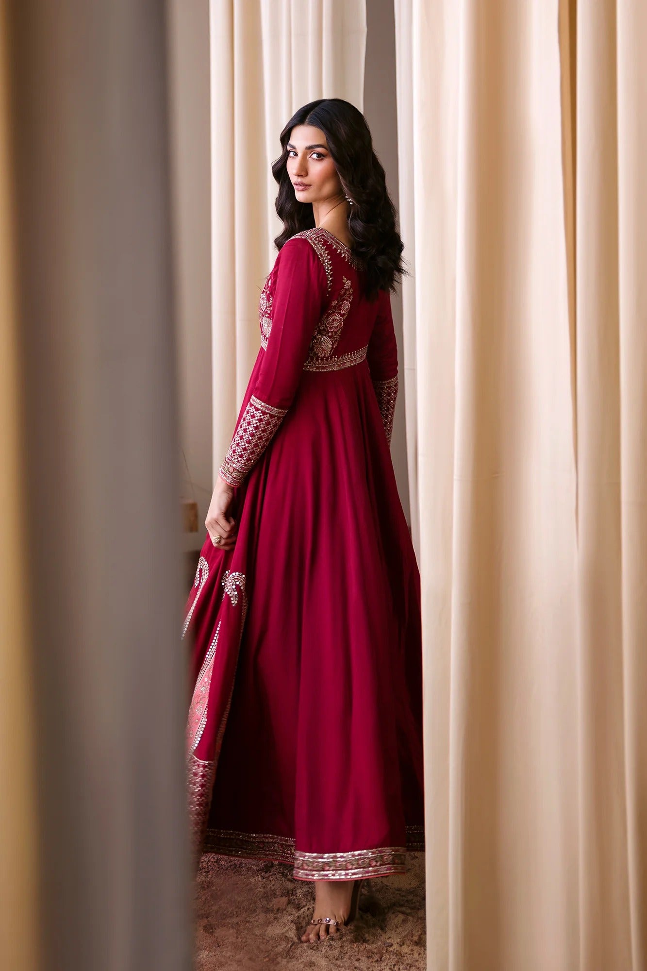 Embroidered Pishwas – Deep Burgundy