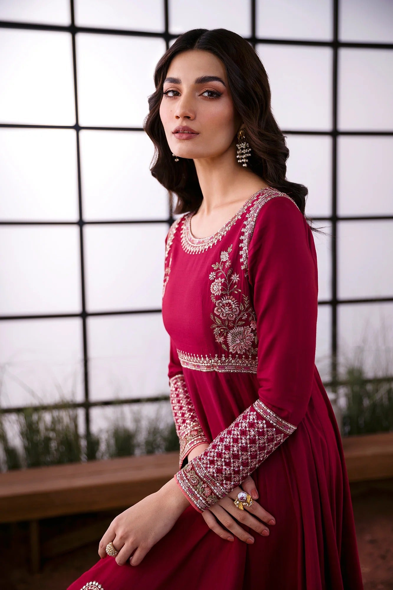 Embroidered Pishwas – Deep Burgundy