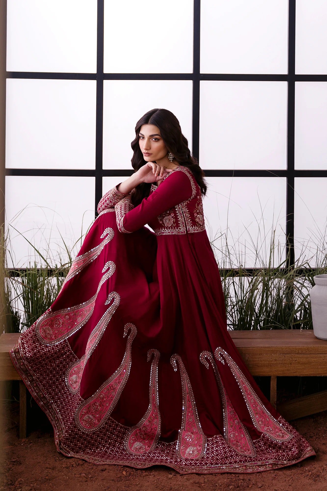 Embroidered Pishwas – Deep Burgundy