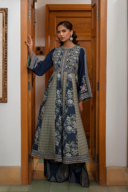 Mosaic Embroidered Pishwas Set – Cobalt Blue